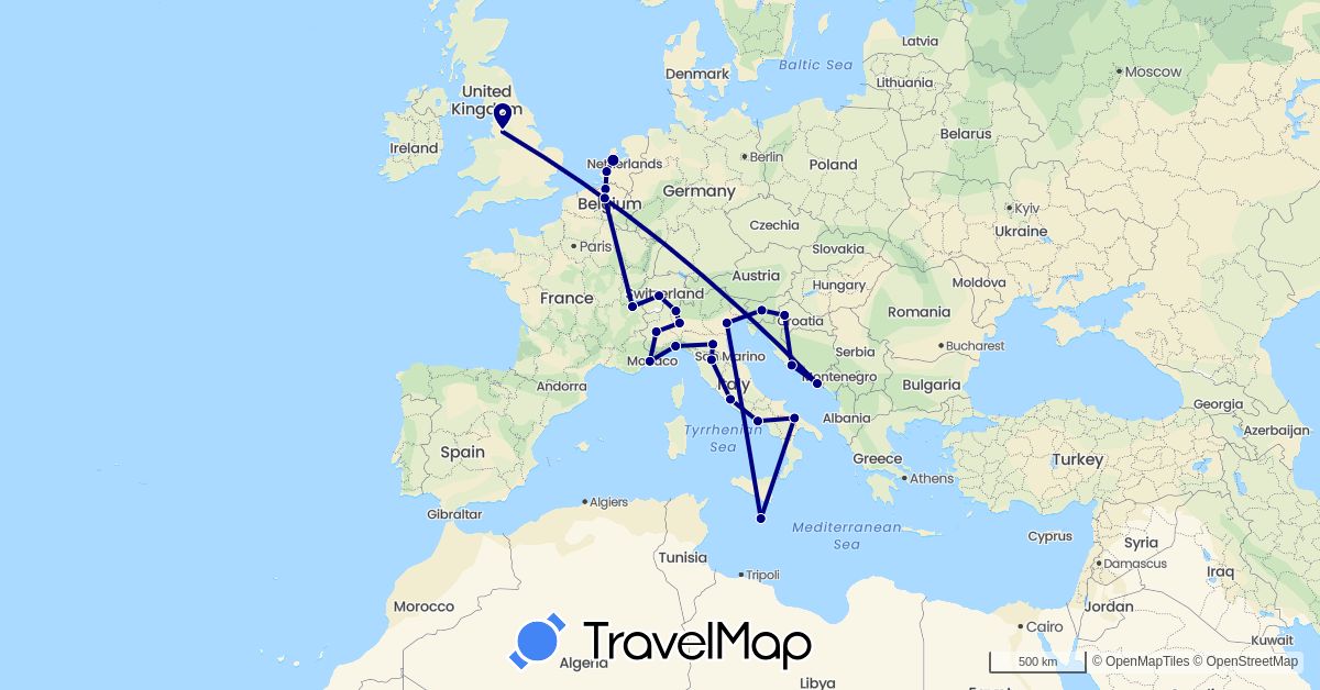 TravelMap itinerary: driving in Belgium, Switzerland, France, United Kingdom, Croatia, Italy, Malta, Netherlands, Slovenia (Europe)